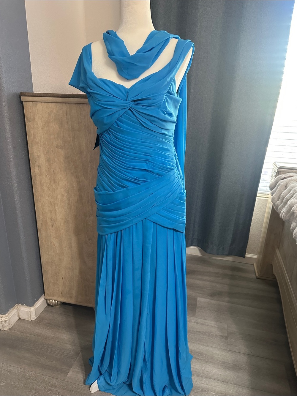 Twist-Front Turquoise Prom Gown with Draped Scarf Dress